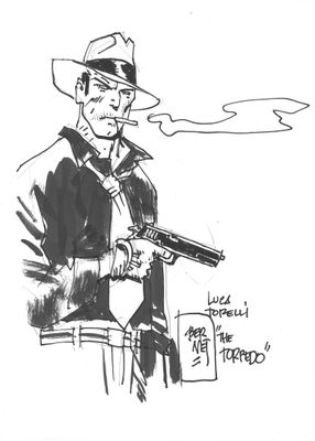 dessin représentant un homme coiffé d'un chapeau de cow-boy et tenant un pistolet