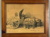 drawing of a horse drawn carriage with a man sitting on it