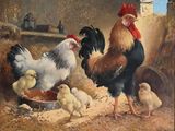 a painting of chickens and chickens in a barn