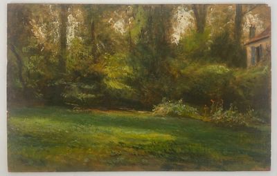 une peinture à l'huile représentant un champ herbeux avec des arbres en arrière-plan