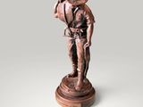 the bronze statue of a man with a backpack is standing on a pedestal