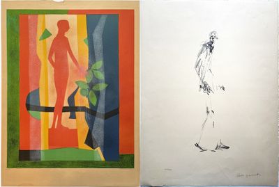 two drawings of a woman and a man standing in front of a window