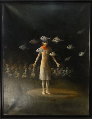 an oil painting of a woman in a white dress standing in front of a crowd of skulls