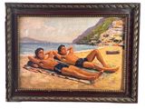 tableau représentant deux hommes allongés sur une serviette à la plage