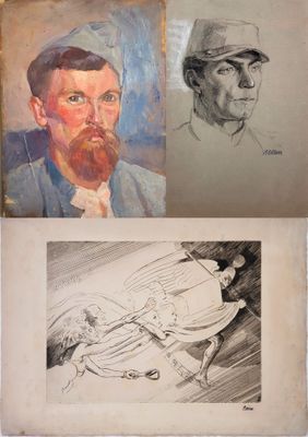 trois dessins représentant un homme barbu et un homme coiffé d'un chapeau