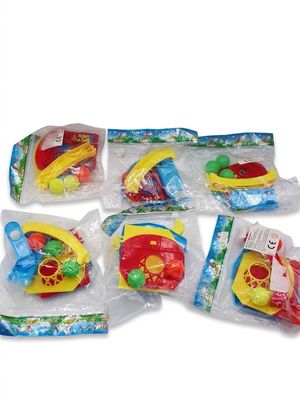 five bags of plastic toys in the shape of a boat
