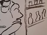 drawing of a man sitting at a bar with a glass of wine