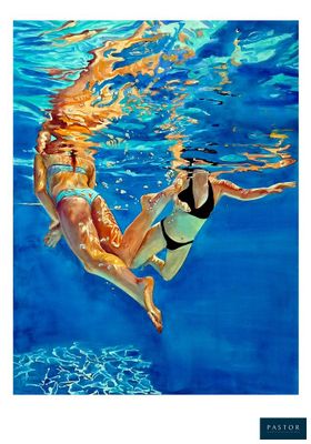 un tableau représentant deux femmes en train de nager dans une piscine