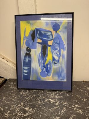 tableau représentant un homme et une femme en bleu et jaune posés sur une table