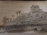 an old picture of a castle on a hill with a river in the foreground