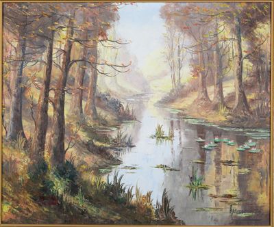 an oil painting of a river in a wooded area with trees in the background