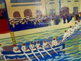 a painting of a group of people rowing in a boat