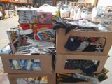 a pile of boxes of toys and other items in a warehouse