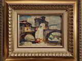 une peinture à l'huile représentant une femme en robe blanche debout devant un immeuble