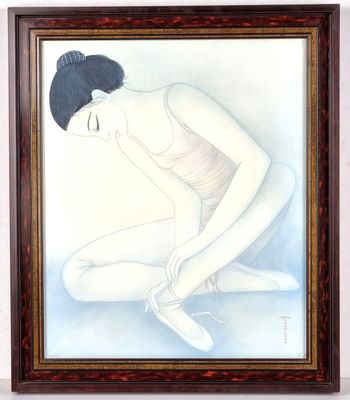 Mara TRAN-LONG (née en 1935). "La ballerine", huile sur soie…