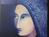 painting of a woman with a blue scarf on her head