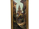 une peinture à l'huile représentant le clocher d'une église à flanc de montagne