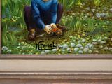 a painting of a boy kneeling in a field of flowers