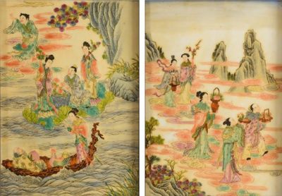 deux images représentant un tableau où l'on voit une femme dans un bateau et une femme dans un bateau sur une rivière