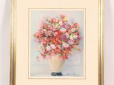 painting of a vase of flowers on a shelf in a white room