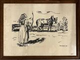 dessin représentant une femme et un cheval dans un champ, près d'une clôture