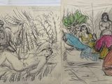 deux dessins représentant une femme allongée sur un lit, à côté d'un autre dessin
