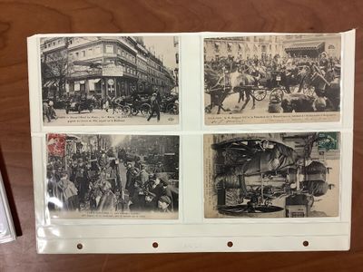 quatre photos de personnes à cheval ou en calèche dans la rue