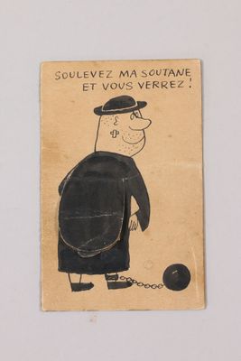 an old postcard with a drawing of a man with a ball and chain on it