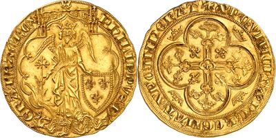 a gold coin with an image of a woman holding a cross