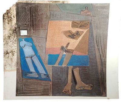 a drawing of a man holding a knife and a box