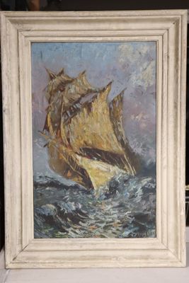 un tableau représentant un voilier au milieu de l'océan