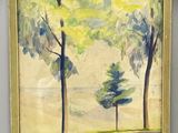 une image représentant un tableau où l'on voit deux arbres dans un champ