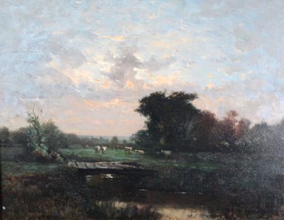 a painting of cows grazing in a field by the water