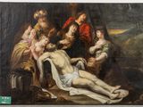 an image of a painting of jesus laying on the cross with other people