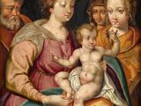 a painting of a group of people with a baby and angels