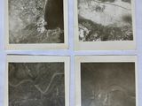 four old black and white photos of a river and mountains