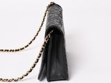 a black handbag with a gold chain on a white background