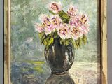 a painting of flowers in a vase on a table