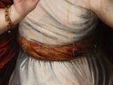 an old painting of a woman in a white dress and red shawl
