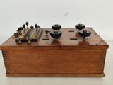 an old wooden box with four different types of tools on it