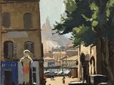 painting of a street scene with a fountain in the middle of the street