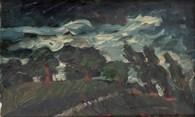 an image of a painting of a rocky coast with waves coming in