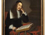 a painting of a man sitting at a table reading a book