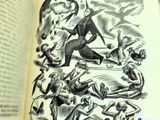an open book with a drawing of a man on it