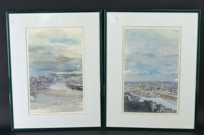 École XXe: "La rivière dans la vile", deux aquarelles, l'une…