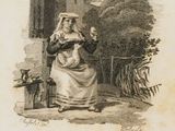 dessin représentant une femme assise sur un banc devant un immeuble