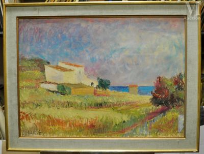 une photo d'un tableau représentant une maison dans un champ