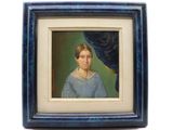 tableau représentant une femme en robe bleue, dans un cadre bleu