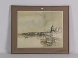 aquarelle encadrée représentant une scène de port avec des bateaux sur l'eau
