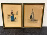 two framed prints of a woman in a blue dress and a man in a red hat